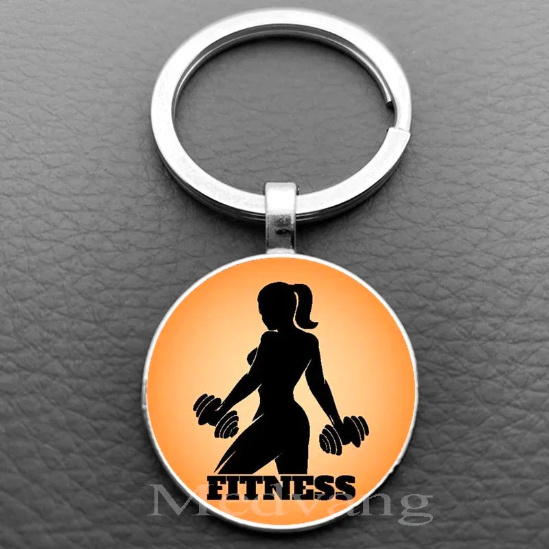Weightlifting Fitness Pattern Keychain Loves Fitness Men and Women Exclusive Glass Round Keychain Gift for Fitness Club