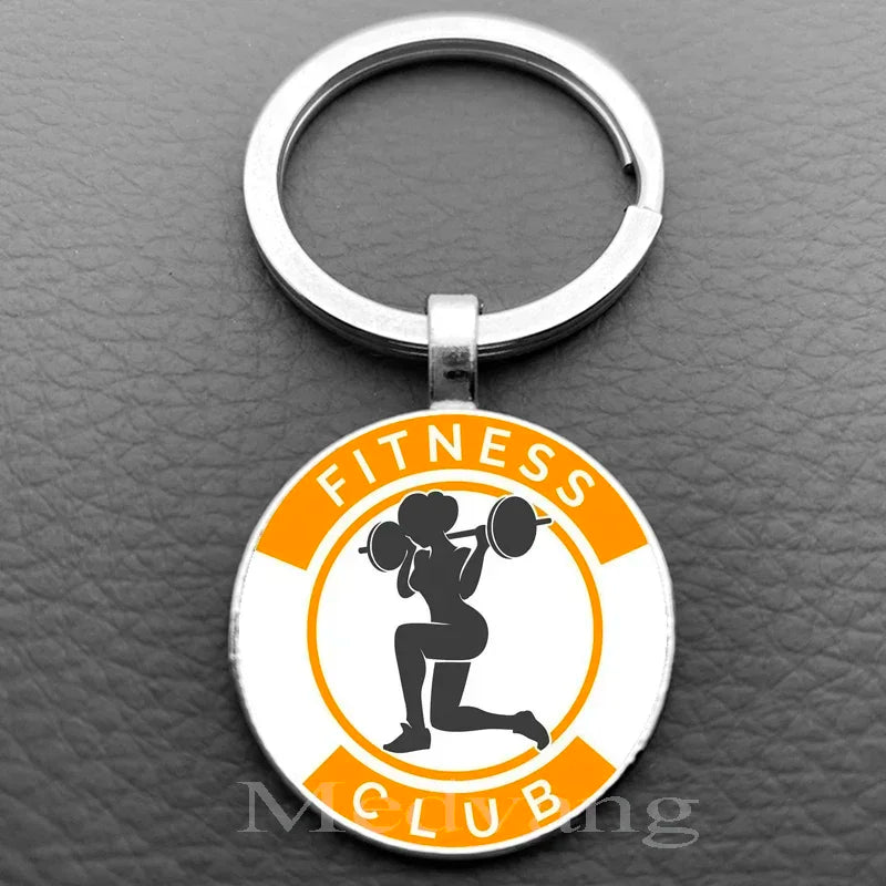 Weightlifting Fitness Pattern Keychain Loves Fitness Men and Women Exclusive Glass Round Keychain Gift for Fitness Club