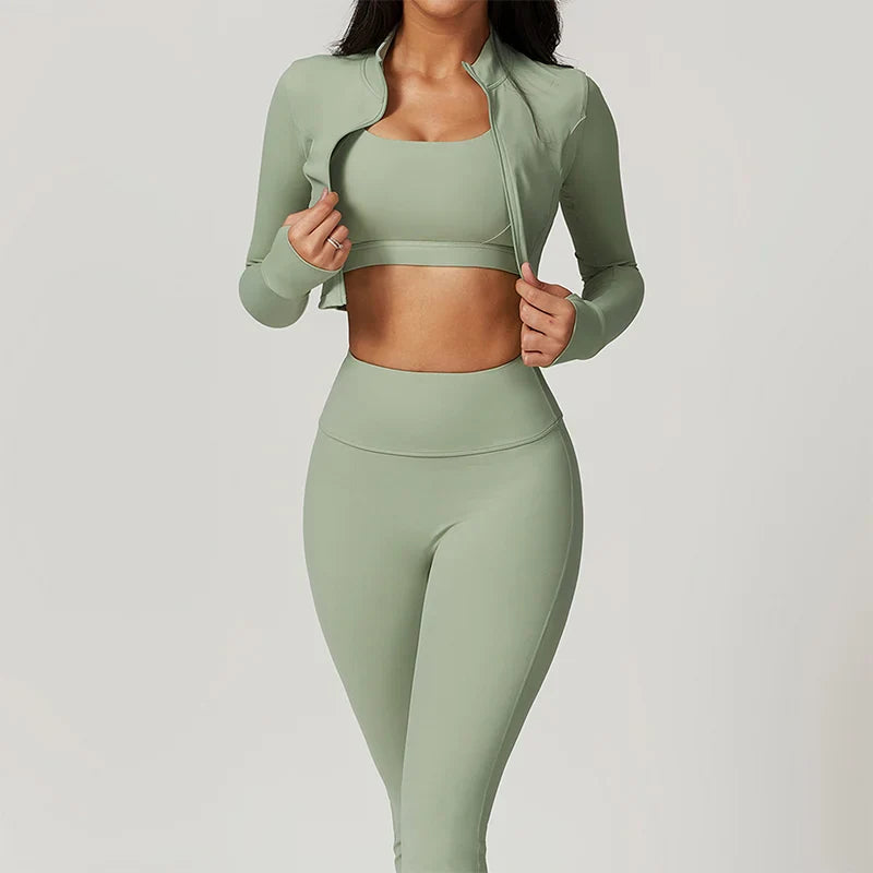 Workout Outfit  3 Pieces Workout Clothes Sports Bra High Waist Gym Leggings Long-Sleeved