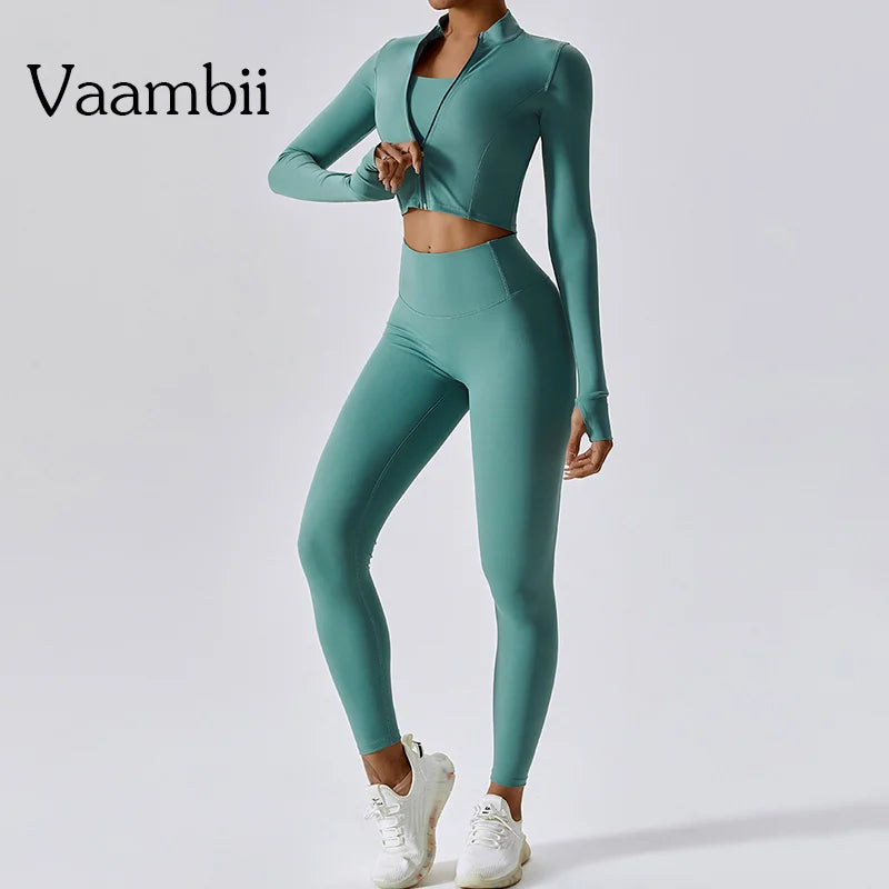 Workout Outfit  3 Pieces Workout Clothes Sports Bra High Waist Gym Leggings Long-Sleeved