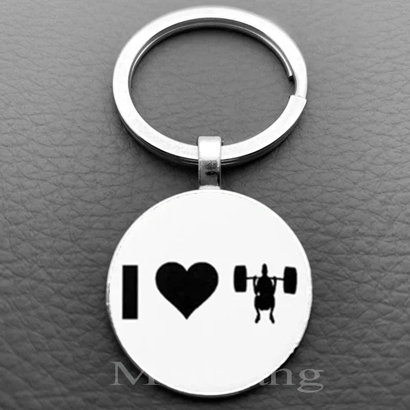 Weightlifting Fitness Pattern Keychain Loves Fitness Men and Women Exclusive Glass Round Keychain Gift for Fitness Club