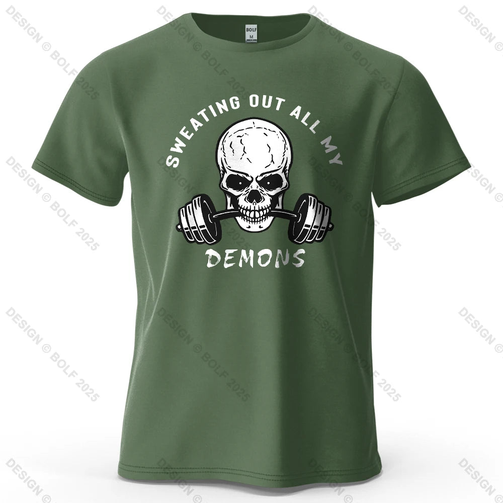 Fitness Skull Motivated Printed Men's T-Shirt 100% Cotton Oversized Gym Graphic Tees for Women Tops Tees Casual Streetwear