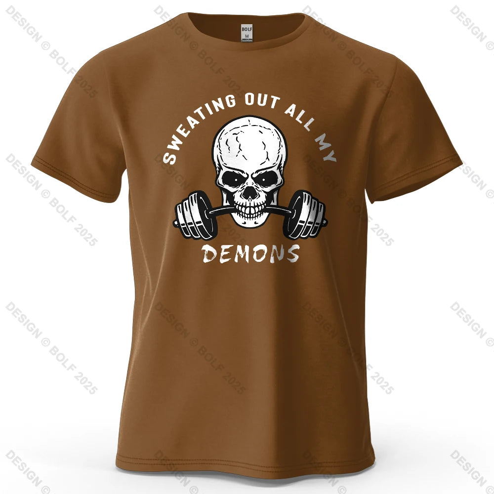 Fitness Skull Motivated Printed Men's T-Shirt 100% Cotton Oversized Gym Graphic Tees for Women Tops Tees Casual Streetwear