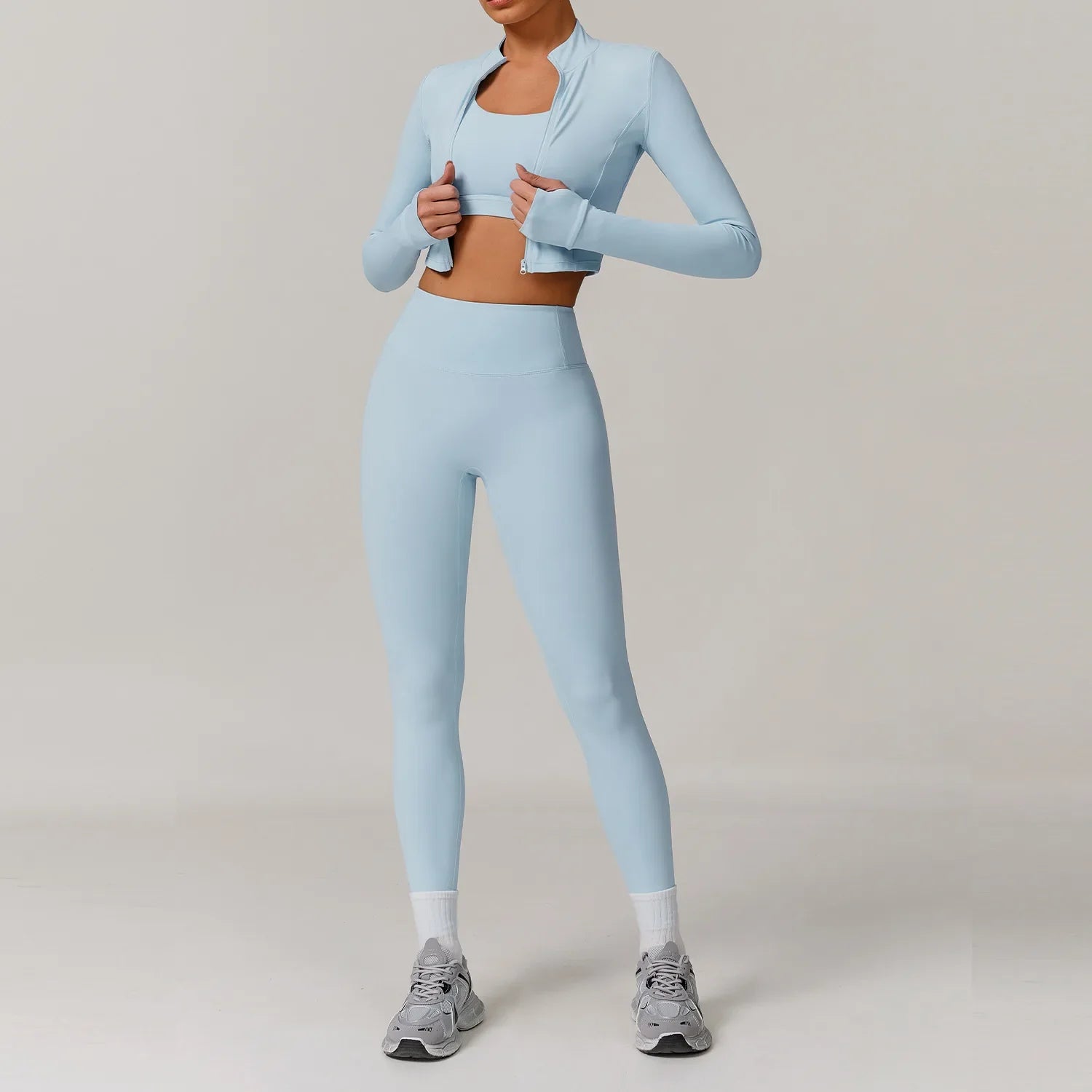 Workout Outfit  3 Pieces Workout Clothes Sports Bra High Waist Gym Leggings Long-Sleeved