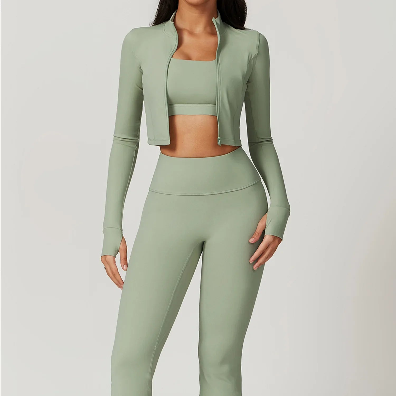 Workout Outfit  3 Pieces Workout Clothes Sports Bra High Waist Gym Leggings Long-Sleeved