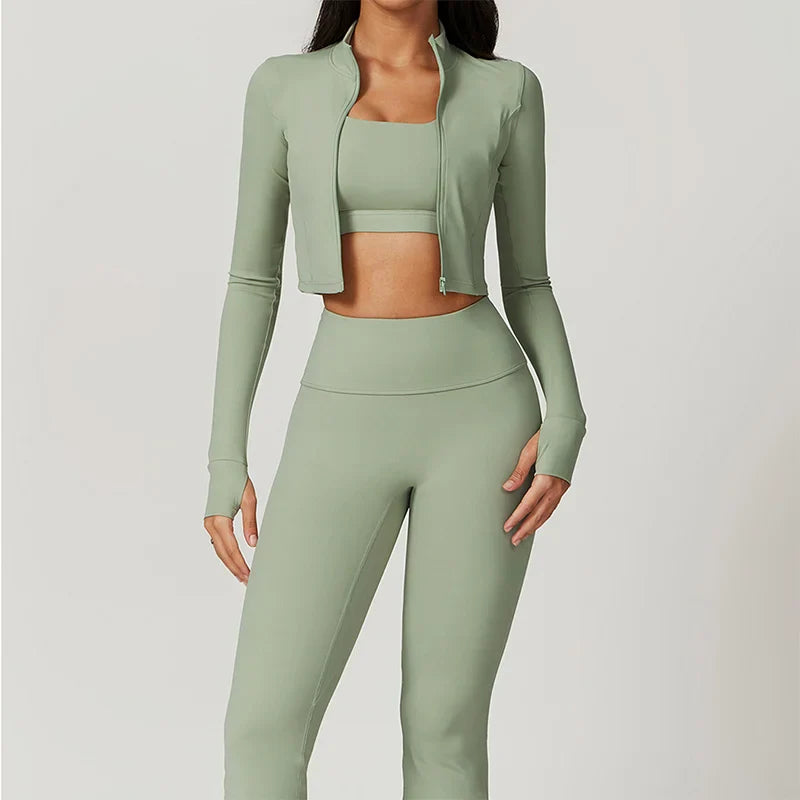 Workout Outfit  3 Pieces Workout Clothes Sports Bra High Waist Gym Leggings Long-Sleeved