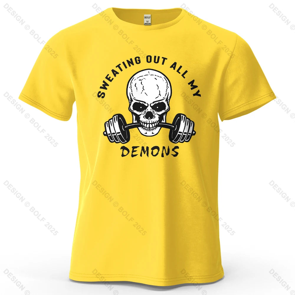 Fitness Skull Motivated Printed Men's T-Shirt 100% Cotton Oversized Gym Graphic Tees for Women Tops Tees Casual Streetwear