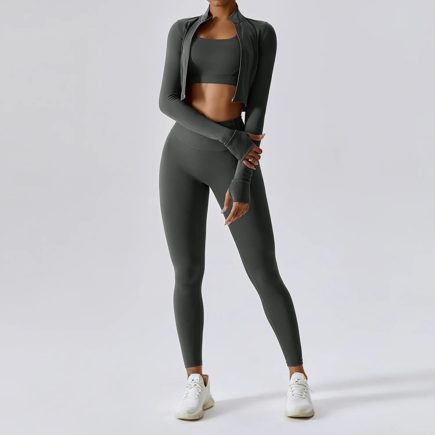 Workout Outfit  3 Pieces Workout Clothes Sports Bra High Waist Gym Leggings Long-Sleeved